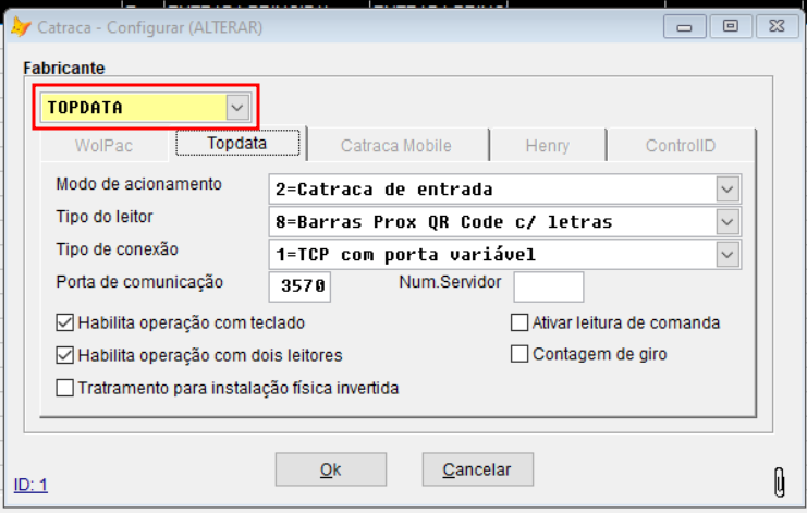 Tela de configuração da catraca TopData